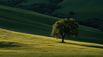 Aufkleber - Green tree alone in a sunlit field, evoking calm and solitude amidst a lush natural landscape.