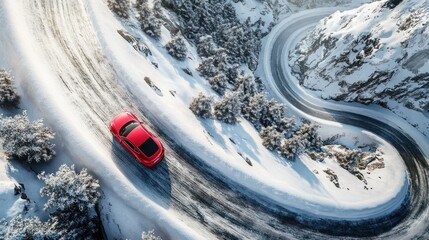 red car driving on snowy road, winter landscape, aerial view of winding highway with snow-covered su