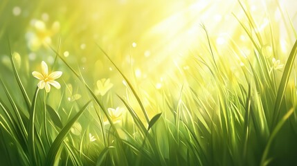 Wall Mural - Sunlight gently highlighting fresh grass, each blade a symbol of growth, vitality, and nature's beauty.