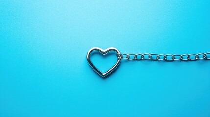 Wall Mural - Symbolic heart link in a metal chain, lying flat on a blue background, representing love and connection.