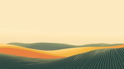 Abstract landscape with green, orange, and yellow hills under a pale yellow sky.