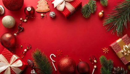 Aufkleber - A festive flat lay on a red background featuring Christmas and New Year items. _1(16)