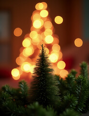 Poster - A Christmas tree is surrounded by a blurred light with warm colors against an abstract holiday background and greenery.