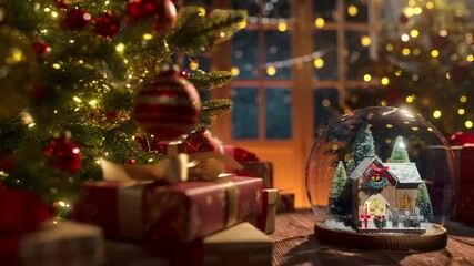 Wall Mural - christmas ornaments with snow globe and holiday lights