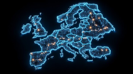 Glowing blue and orange map of Europe.