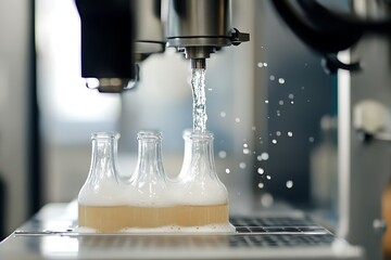 Poster - Bottling process with liquid and foam being dispensed into glass containers.