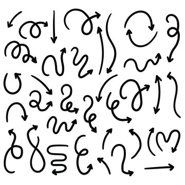 Hand drawn doodle set of arrows on white background.