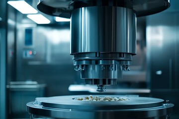 Poster - A precision machine in a laboratory setting, processing small items on a flat surface.