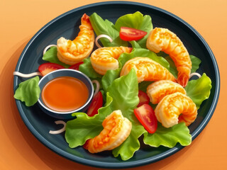 A plate of shrimp and salad with a dipping sauce. The shrimp are arranged in a way that makes them look appetizing and the salad is fresh and colorful