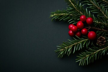 Wall Mural - Festive Christmas tree branch adorned with vibrant red berries and pine cones on a dark backdrop.