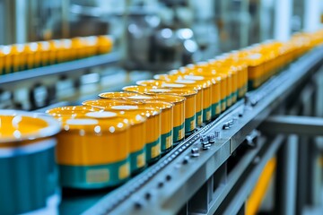 A production line with orange-lidded containers moving along a conveyor belt in a factory.