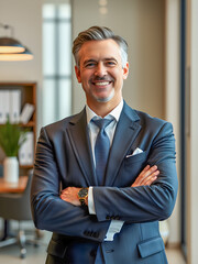 Happy middle aged business man ceo standing in office arms crossed. Smiling mature confident professional executive manager, proud lawyer, businessman leader wearing blue suit. Ai generated