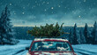 © SARATSTOCK - Red car with Christmas tree on the roof top in the beautiful winter landscape. Christmas holidays background for greeting card and winter holiday banner.