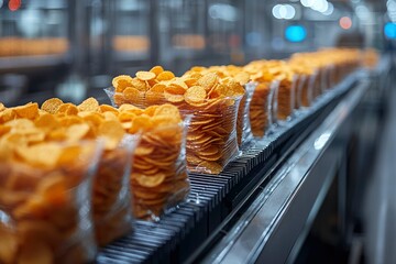 Close-up of a Conveyor Belt Filled with Bags of Crispy Chips