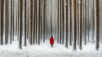 Poster - A person is walking through a snowy forest wearing a red coat