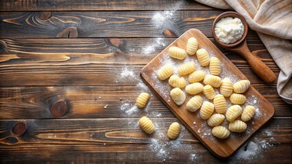 Uncooked homemade potato gnocchi on cutting board over wooden table with flour