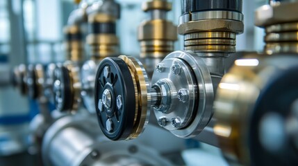 Canvas Print - Industrial valves and pipes in a factory setting, showcasing intricate metalwork and machinery components.