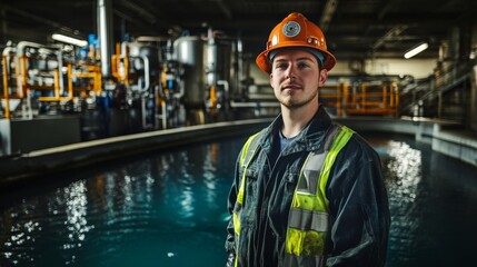 Wall Mural - A young worker in a safety helmet and vest stands confidently by a water-filled industrial facility, with machinery visible in the background.