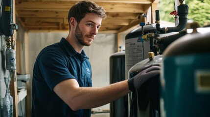 Wall Mural - A technician inspects machinery in a workshop, demonstrating skill and attention to detail in a professional setting.