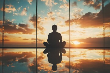 A businessman reflecting in a quiet office with motivational quotes, contemplating his journey and gained self-assurance.