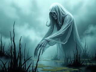 Wall Mural - A ghostly figure with a white hood is reaching into a body of water. The scene is dark and eerie, with a sense of foreboding