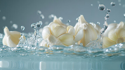 A bunch of garlic is floating in a body of water. The water is clear and the garlic is white