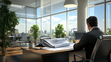 Poster - An office scene featuring a man working at a desk with blueprints and a city view.