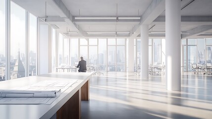 Poster - Modern office space with large windows, a desk, and a person working.