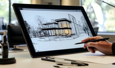 Poster - A person sketches an architectural design on a tablet, showcasing creativity and planning.