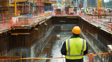 Poster - Engineer in the midst of a bustling construction site, ensuring that all materials and procedures are in compliance with plans.