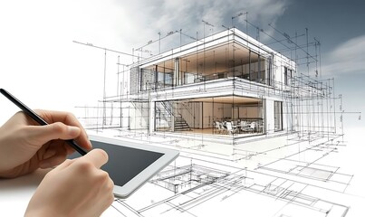 Poster - A person sketches architectural plans on a tablet, visualizing a modern building design.
