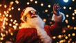 © WITTAYA  ANGMUJCHA - Groovy Santa Claus dancing under twinkling lights, wearing trendy headphones and spreading cheerful holiday vibes.