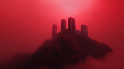 Ominous red sky over a mysterious castle-like structure