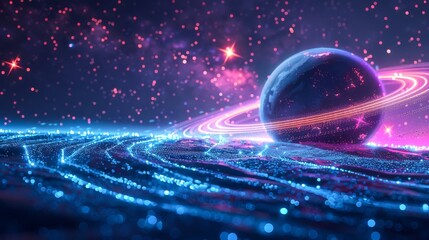 Wall Mural - Futuristic space landscape with planetary rings and digital stars, glowing in a cosmic void