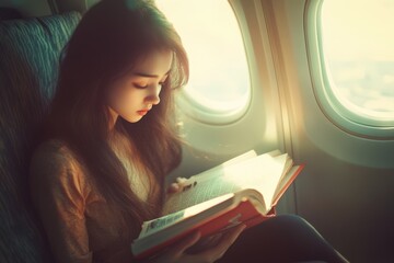 young woman reading book in airplane window