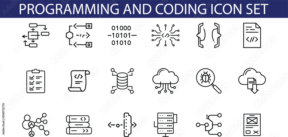 A set of 18 line icons representing programming and coding concepts ...