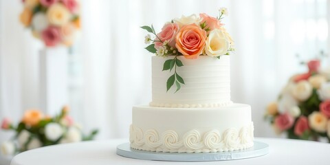 Elegant three-tiered wedding cake adorned with fresh flowers, set against a light solid color background, with copy space, special occasion, confectionery, marriage