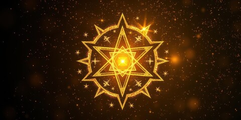 Glittering golden merkaba star symbol on mystical cosmic background dust particle, merkaba, background, mystical