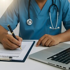 Medicine doctor hand working on laptop as medical network concept in office