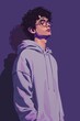 © spyrakot - Casual Portrait of a Young Man with Curly Hair in a Grey Hoodie on a Purple Background