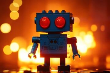 retro robot toy with glowing red eyes against a vibrant orange background