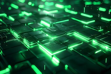 Poster - Abstract geometric patterns with glowing green lights at night