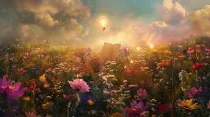 Wall Mural - a book, a light bulb, and flowers in a field at sunset