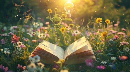 Wall Mural - open book in a field of flowers with a light bulb above