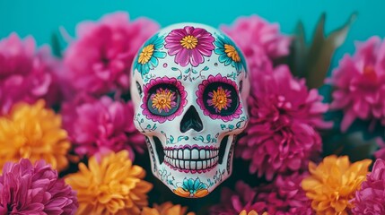 Wall Mural - Vibrant sugar skull surrounded by colorful flowers celebrating life and heritage in a festive display