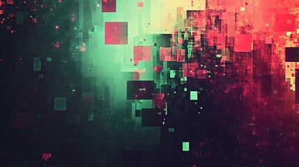 Poster - Abstract digital art with red, green, and yellow squares on a dark background.