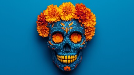 Wall Mural - Vibrant celebration of life the colorful sugar skull adorned with marigolds for day of the dead