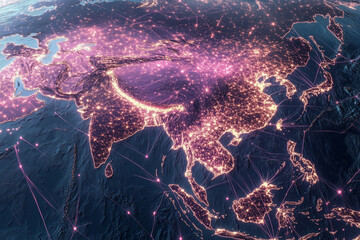 Abstract iridescent network map of Asia global data transfer concept digital illustration