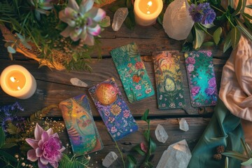 Vibrant Tarot Card Display with Nature Elements and Spiritual Ambiance