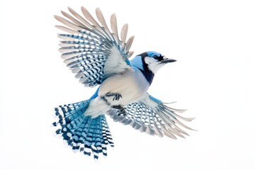 Vibrant blue and white bird with wings spread in flight against a white background